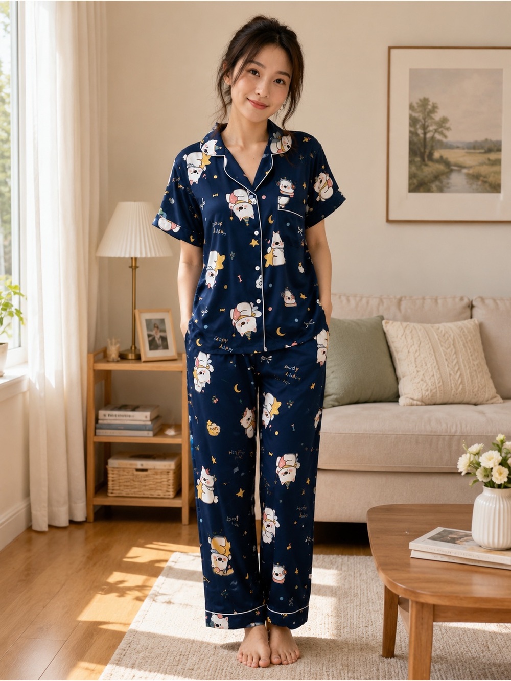 Navy Blue Printed Short-Sleeve Pajama Set with Playful Print